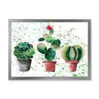 DesignArt 'Tri kaktusa u glinenim posudama s tradicionalnim uokvirenim umjetničkim printom zelenih točkica