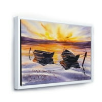Dizajnerski crtež dva mala čamca na obali i zalazak sunca kućica na jezeru uokvirena na platnu, zidni umjetnički