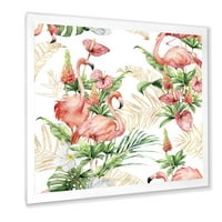 DesignArt 'Tropska cvijeća i zlatni listovi s Pink Flamingosovim tradicionalnim uokvirenim umjetničkim printom